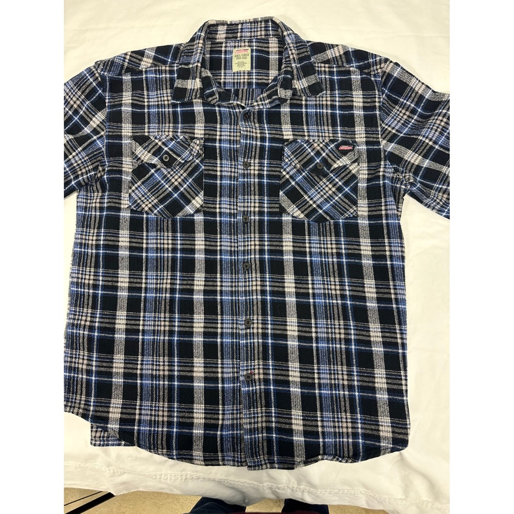 Genuine Dickies Mens 2XL Plaid Flannel Shirt Blue Black White Cotton Button Down
